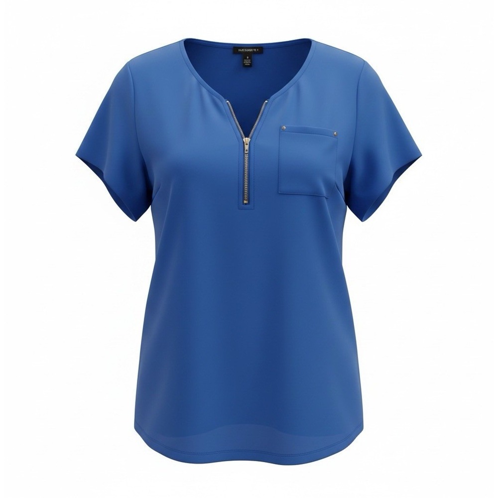 Roz & Ali Short Sleeve Zip Neck Blouse 1X Blue Solid Pocket V-Neck Plus Size
